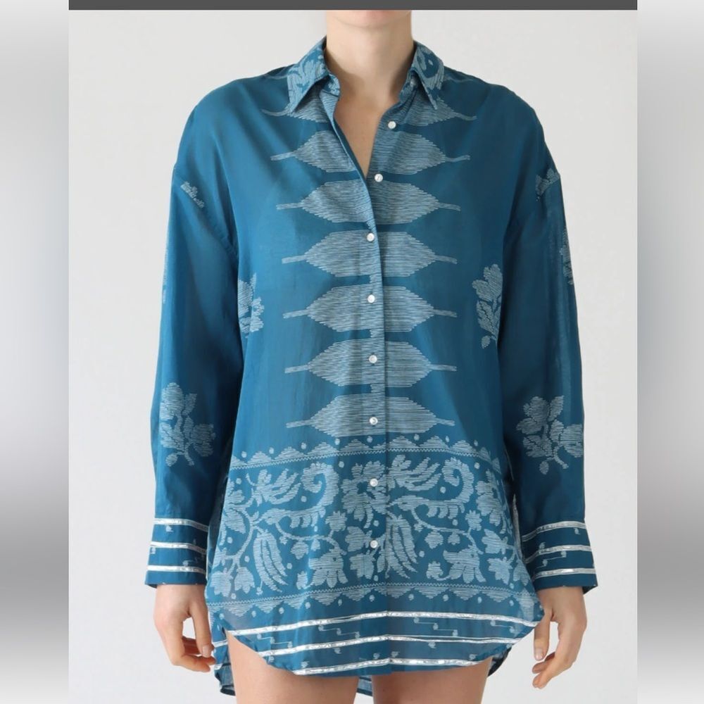 Juliet Dunn Petrol Dhaka Print Shirt ,luxury resort wear, size 0 (US 2-4)